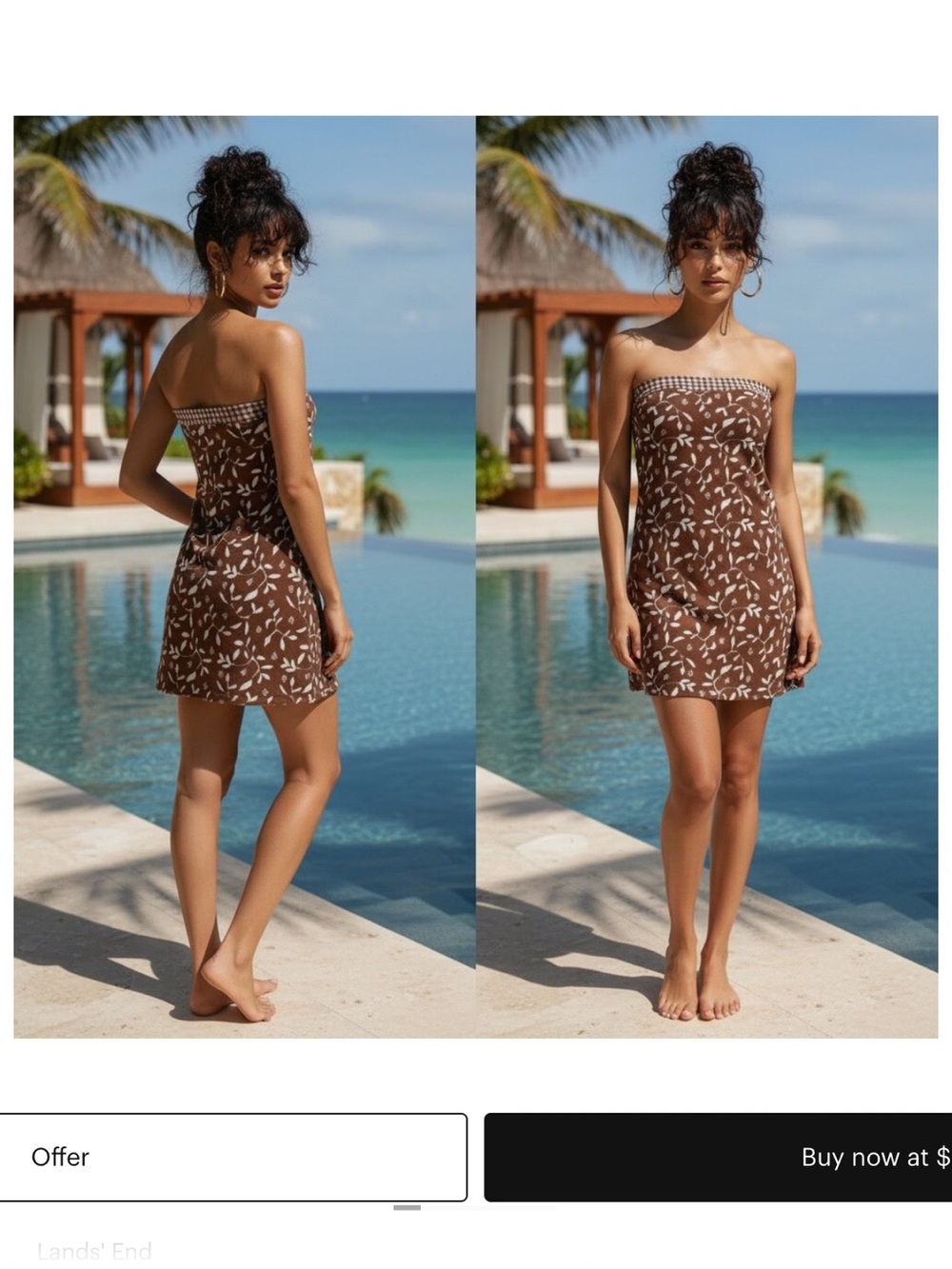 Lands’ End Bandeau Dresskini Swimsuit Top ~ 8 ~ Brown Gingham Floral ~ NWOT